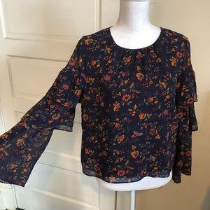 Madewell Floral Ruffle Sleeve Blouse in Navy